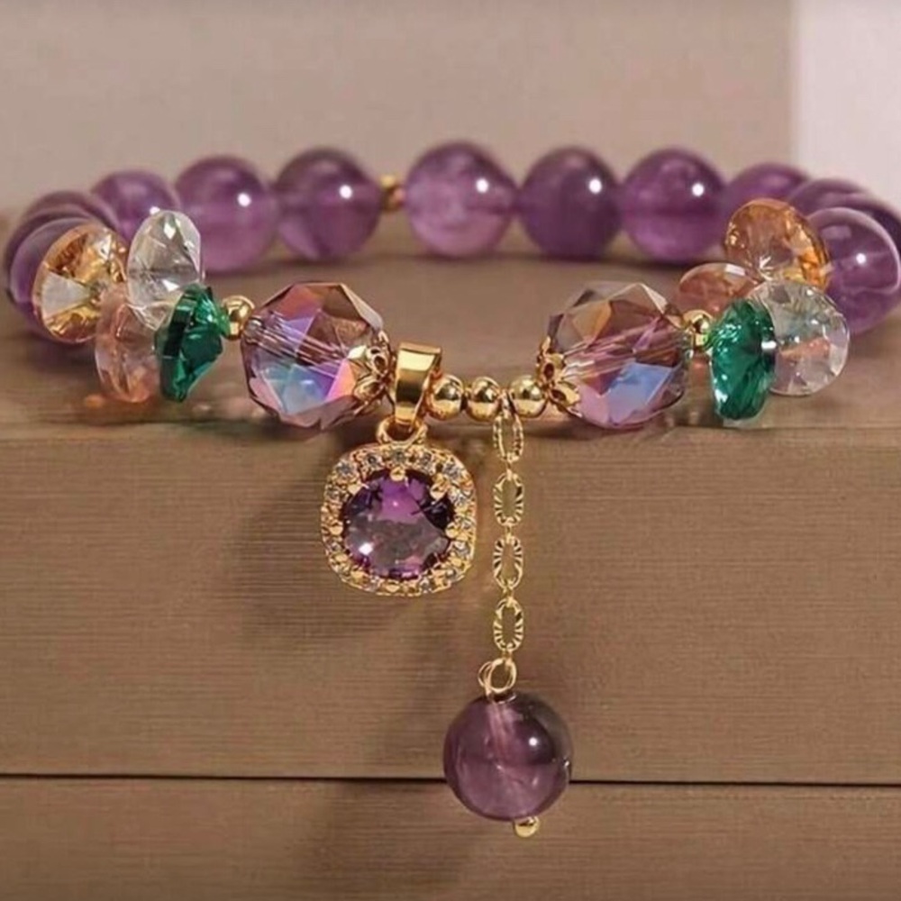 Elegant Purple and Gold Beaded Amethyst Natural Stone Bracelet